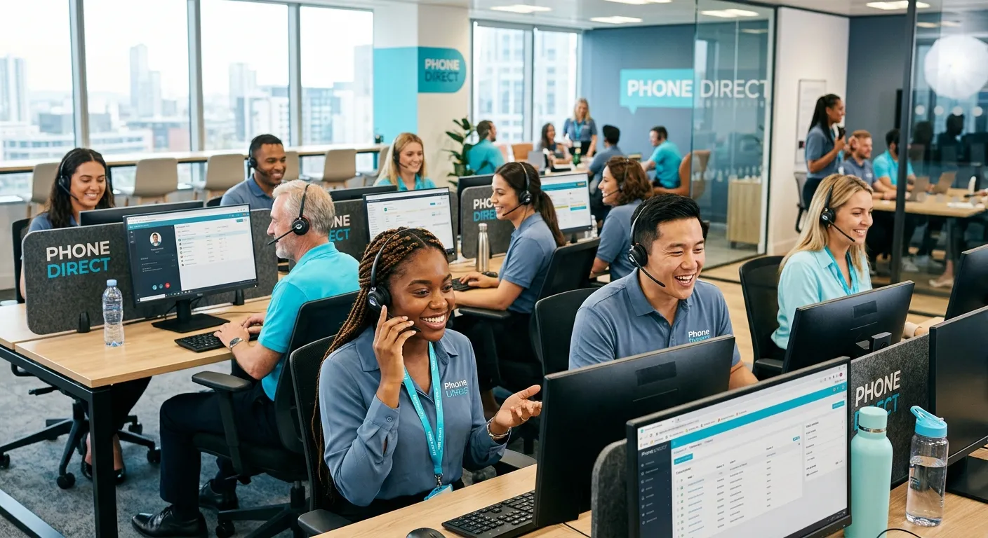 A professional, welcoming image of a diverse team in a modern call centre environment. Focus on indi... A professional, welcoming image of a diverse team in a modern call centre environment. Focus on individuals wearing headsets, smiling and engaged in conversation. The style should be bright, clean, and convey energy and professionalism, with a colour palette aligning with Phone Direct's cyan and slate branding.