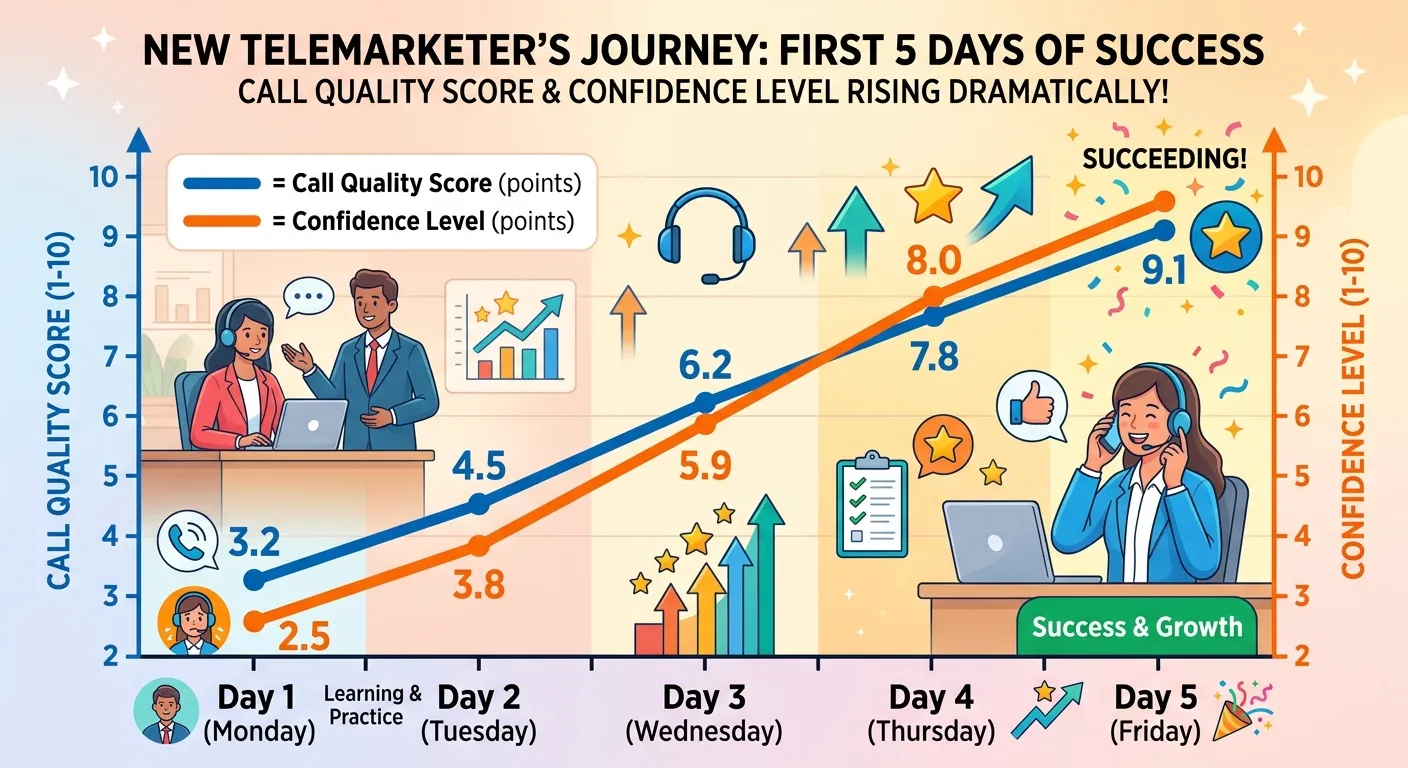 An illustrative, positive chart showing a new telemarketer's call quality score and confidence level rising dramatically over their first five days.