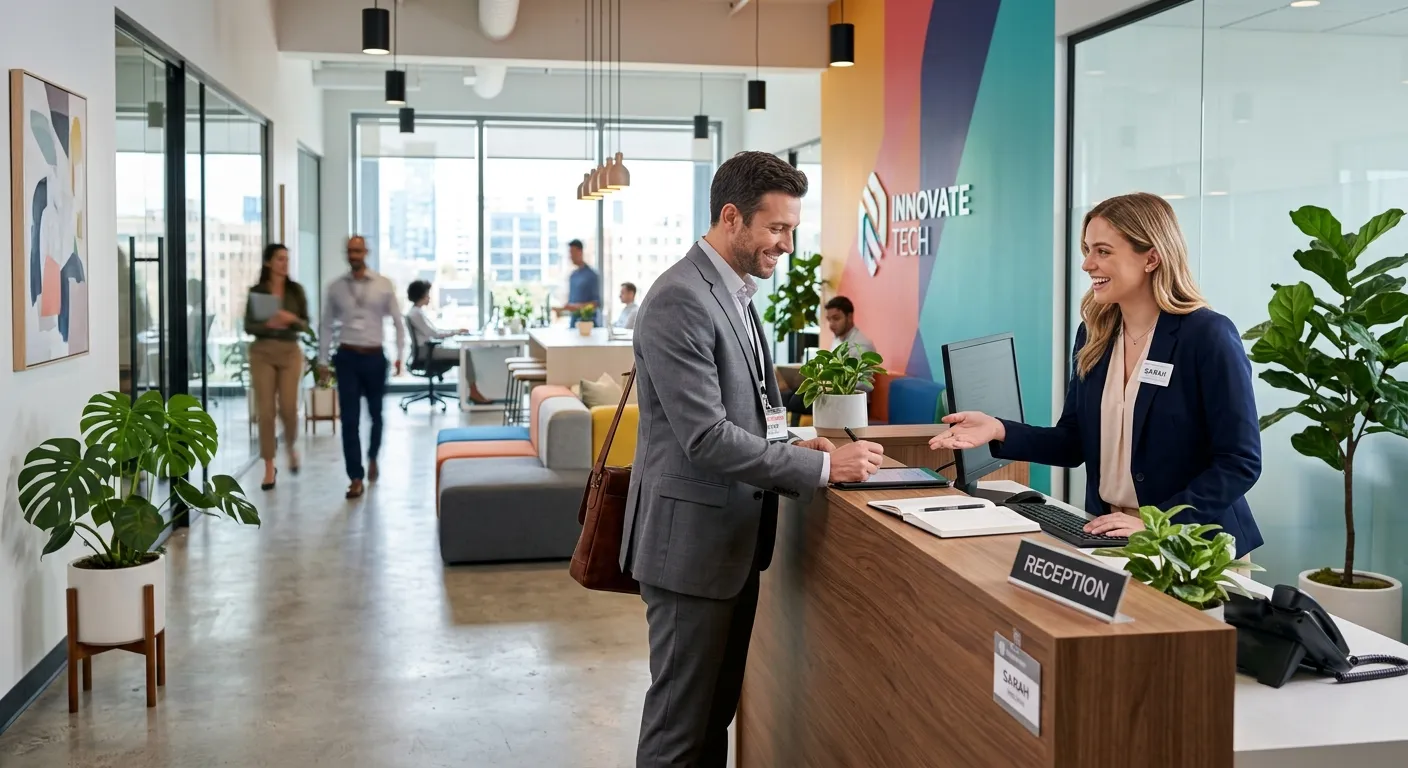 A modern, vibrant office reception area with a professional temporary receptionist smiling and assis... A modern, vibrant office reception area with a professional temporary receptionist smiling and assisting a visitor. Bright, professional photography with a focus on communication and efficiency.