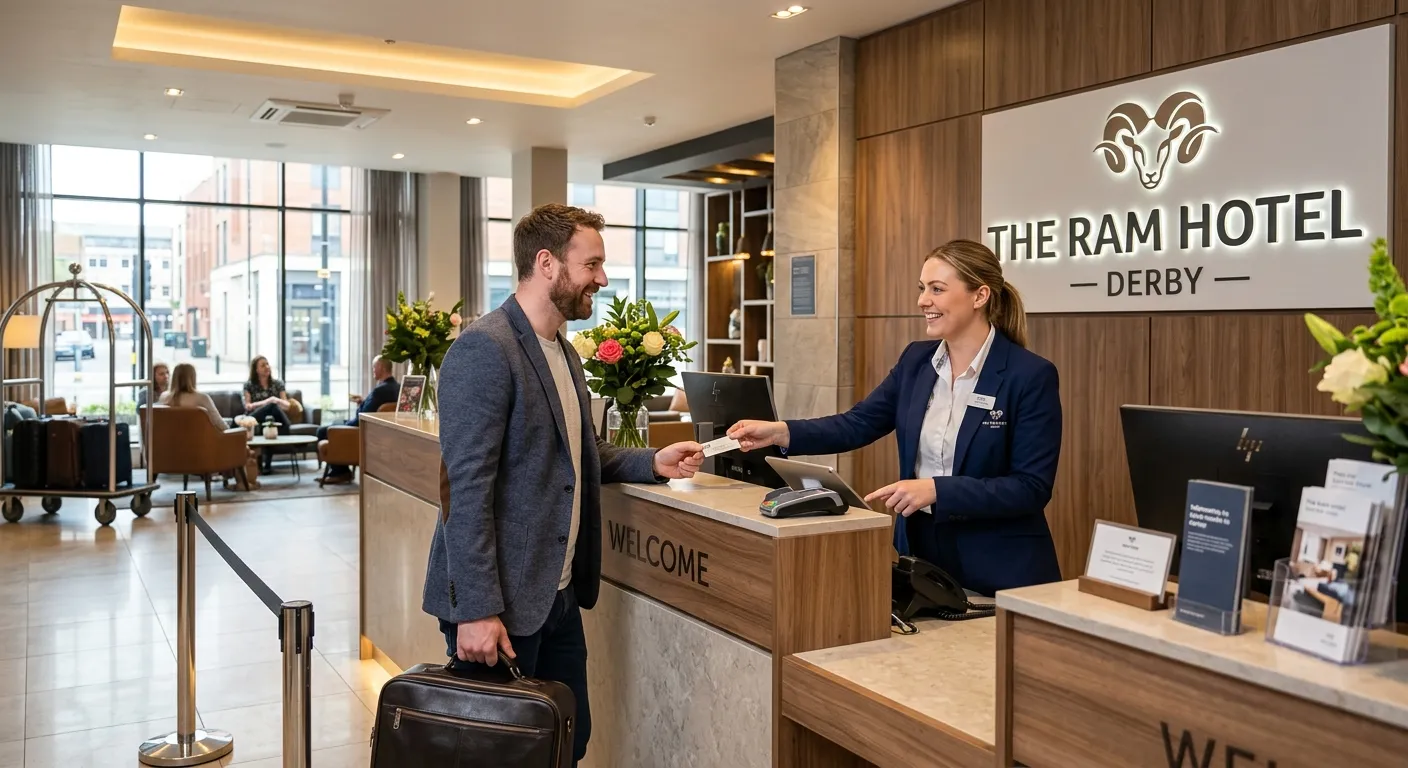 Professional, welcoming image of a modern hotel reception desk in a Derby hotel, with a friendly receptionist in smart attire assisting a guest. Bright, clean, and inviting atmosphere.