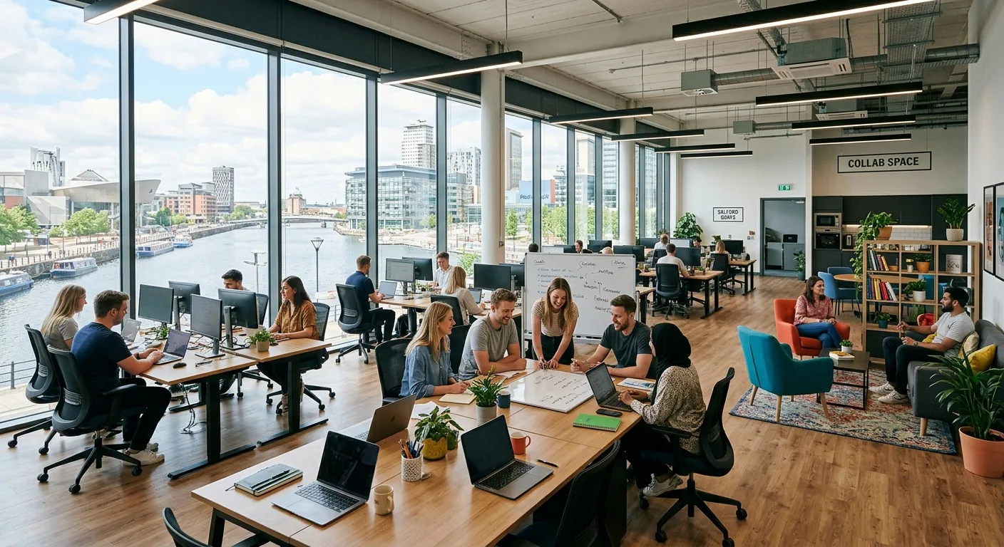 A modern, sunlit open-plan office in Salford Quays with employees collaborating at desks, large windows overlooking the waterfront, and vibrant communal breakout areas.