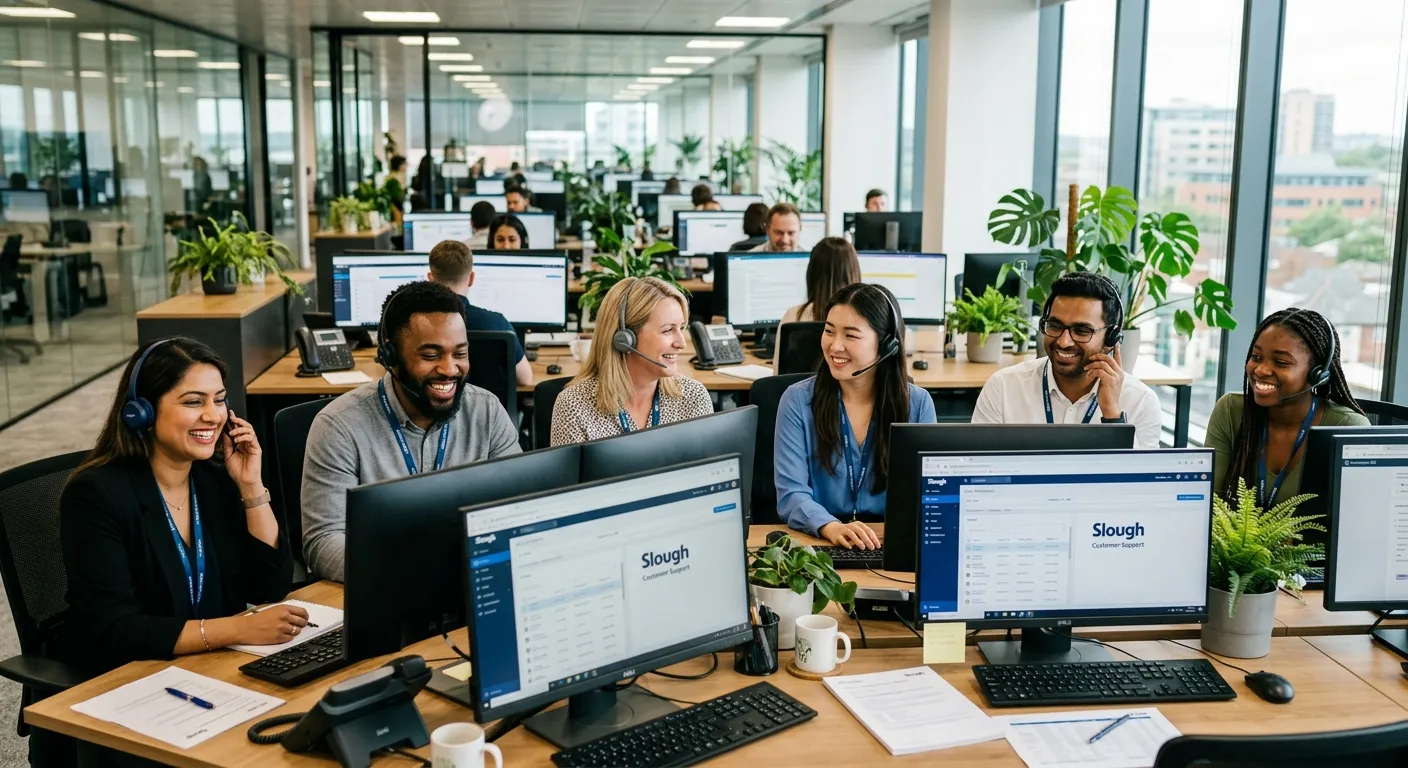 A professional, diverse team of customer service advisors in a modern Slough office, smiling and wea... A professional, diverse team of customer service advisors in a modern Slough office, smiling and wearing headsets, with a blurred background of computer screens and office plants. Style: authentic, bright, and welcoming.