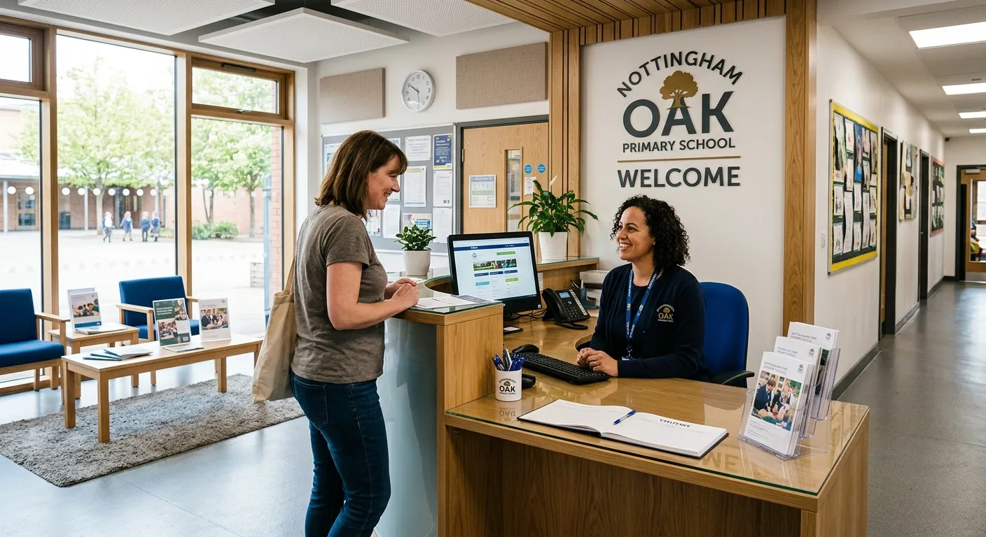 A modern, welcoming school reception area in Nottingham. A professional receptionist smiles while assisting a parent, with a tidy desk, computer, and school branding visible. Style is bright, realistic, and professional.