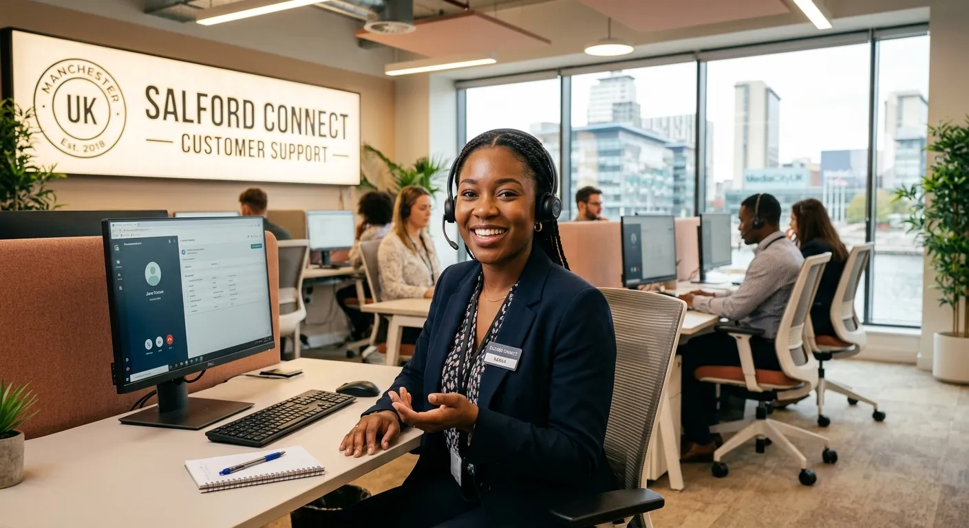 A professional, friendly-looking person of diverse background wearing a headset, smiling confidently while working in a modern, bright call centre environment. The setting is clearly a professional office in Salford, with a focus on communication and technology. Style: Professional stock photo, warm and inviting mood.