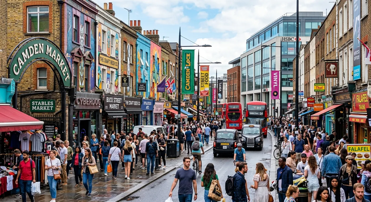 A vibrant, bustling scene of Camden High Street showing a mix of historic buildings, modern offices, market stalls, and diverse people, representing the variety of customers in the area.